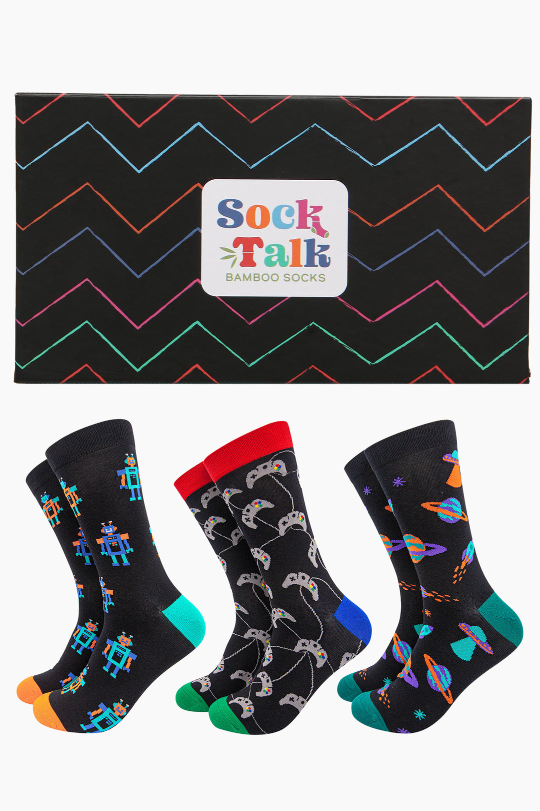 black gift box with multicoloured zig zag stripes with three pairs of black and multicoloured mens bamboo socks featuring retro robots, game consoles and spaceships