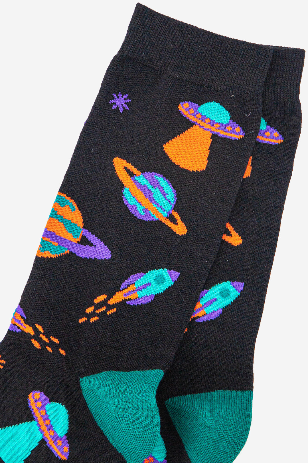 close up of the retro space design showing the rockets, spaceships and planets which are all in orange, blue and purple