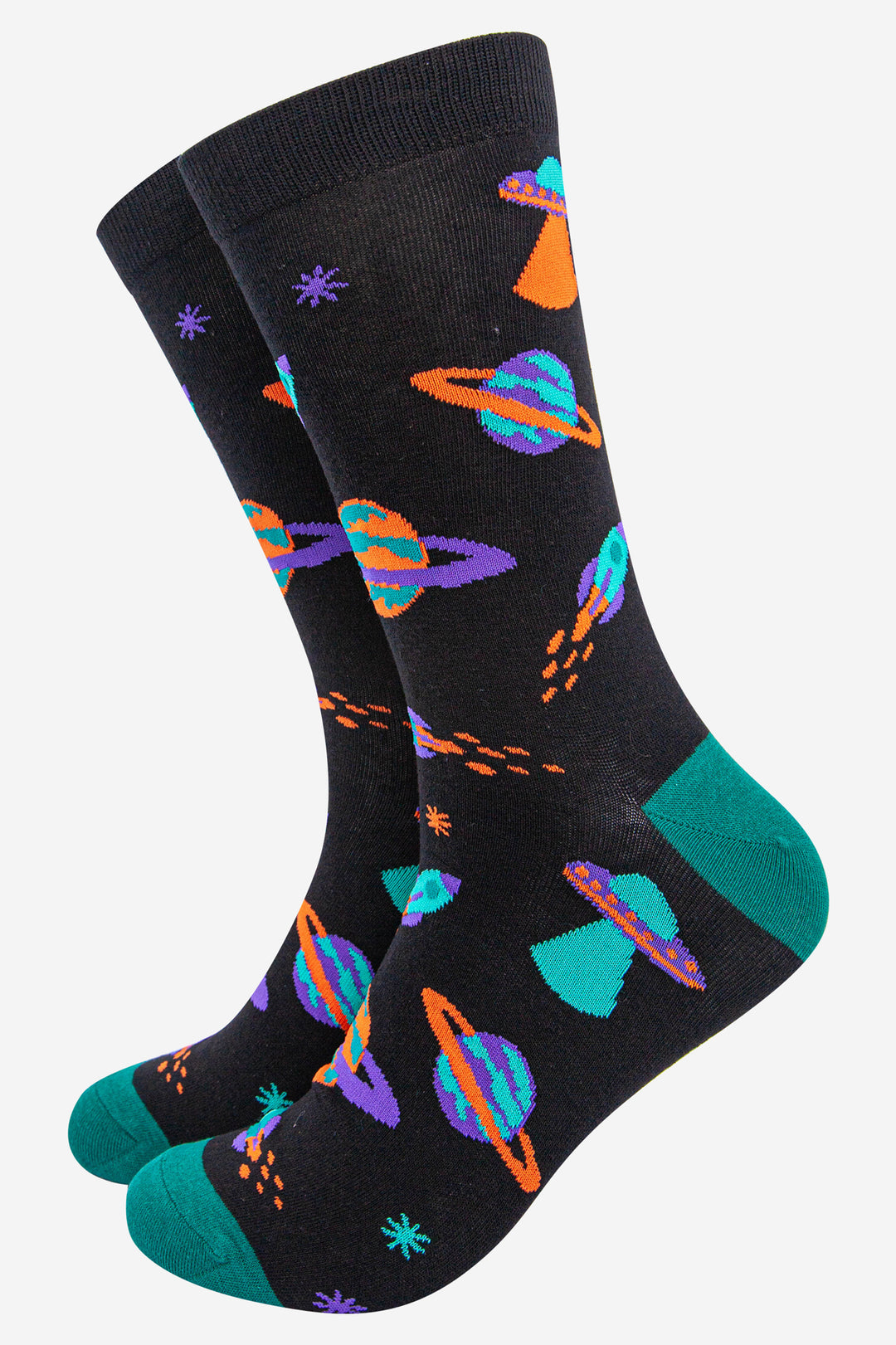 black bamboo socks with green heel and toe with an all over pattern of colourful planets, ufos and stars