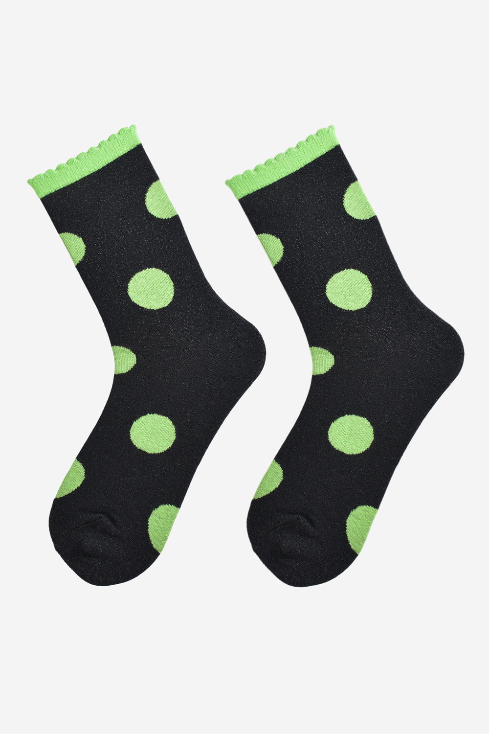 black and lime green large polka dot pattern glitter socks laying flat, showing the all over glitter sparkle