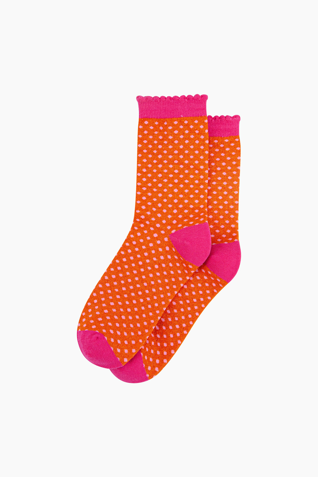 Polka-Dots-Combed-Cotton-Glitter-Socks-in-Orange-Hot-Pink-flat-lay
