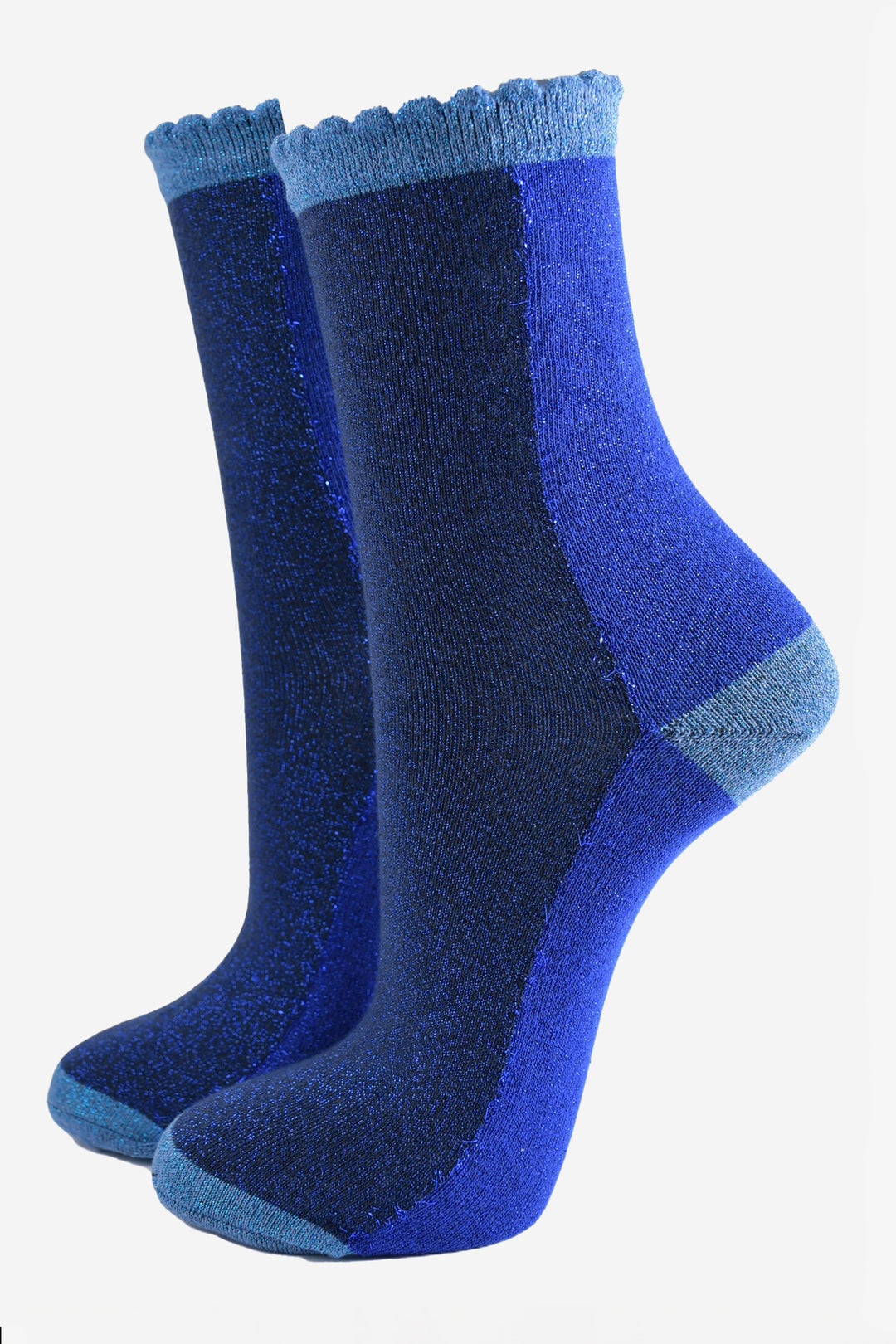 royal blue and navy colour block socks with a light blue heel, toe and cuff with an all over glitter sparkle and scalloped edge