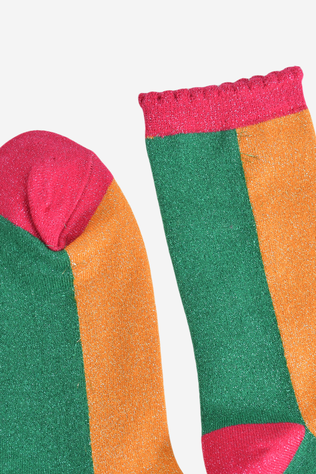 showing the toe and cuff on the socks, both are pink in contrast to the orange and green design. the cuff has a scalloped frilled edge