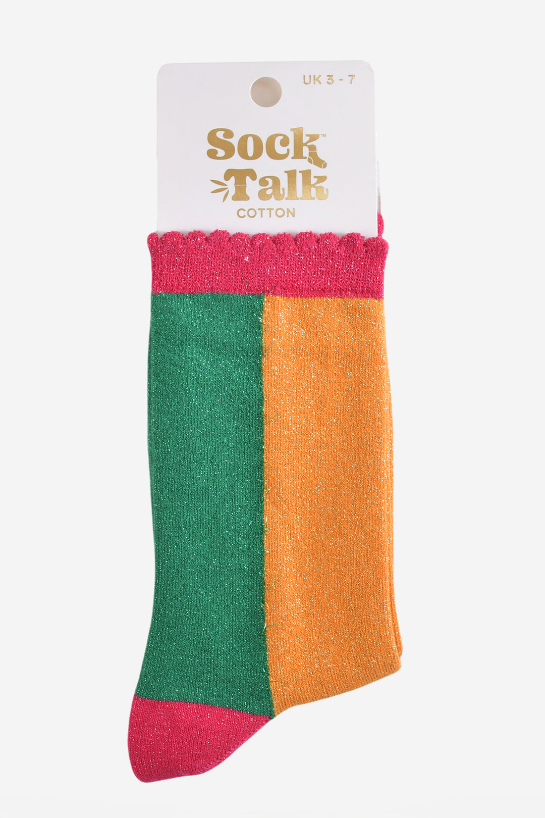 green and orange colour block glitter socks in their sock talk packaging, the socks are a uk size 3-7