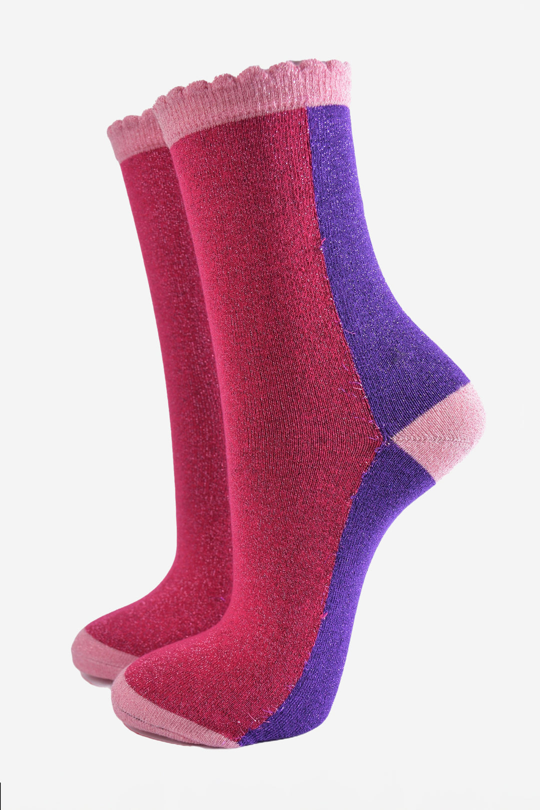 pink and purple colour block socks with pink heel, toe and cuff with an all over glitter sparkle and scalloped edge