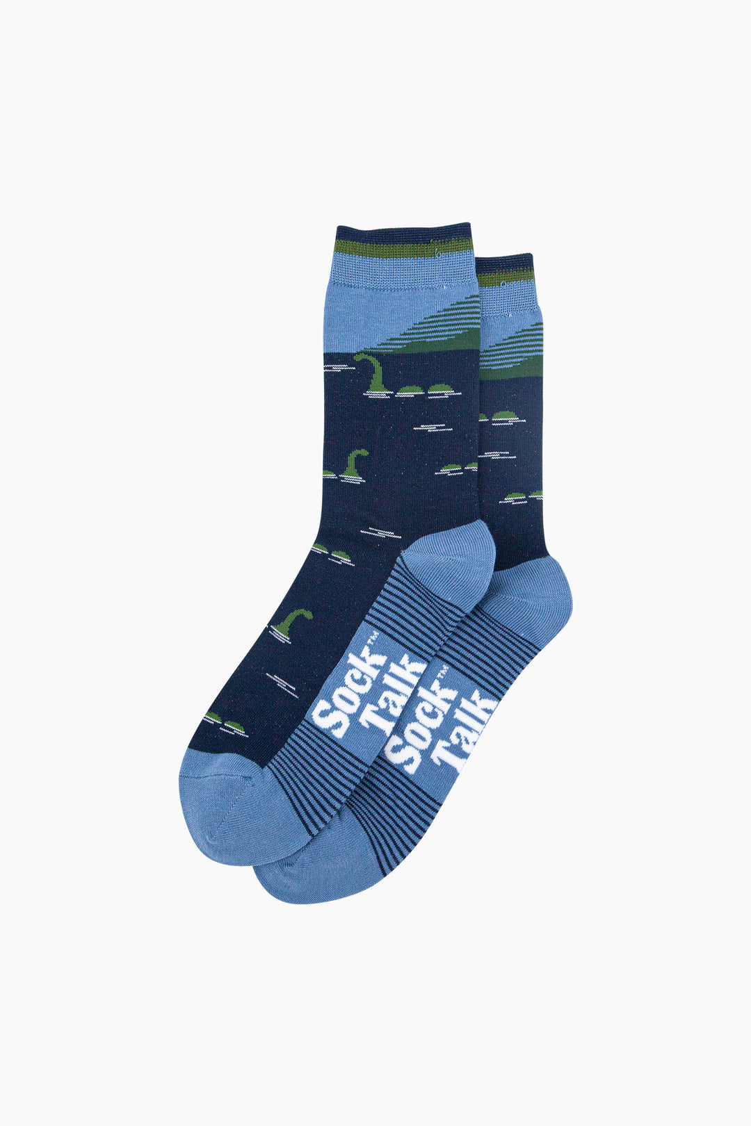 Loch-Ness-Monster-Bamboo-Socks-in-Navy-Blue-Lying-Flat