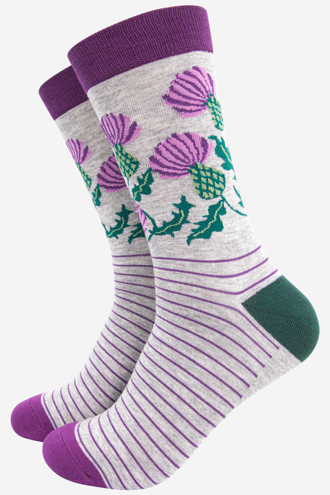 mens grey and purple bamboo socks featings scottish thistle flowers and stripes
