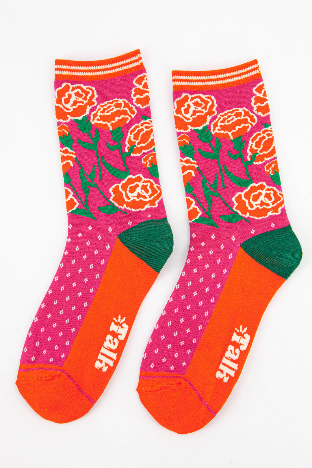 pink and orange floral bamboo socks featuring carnations