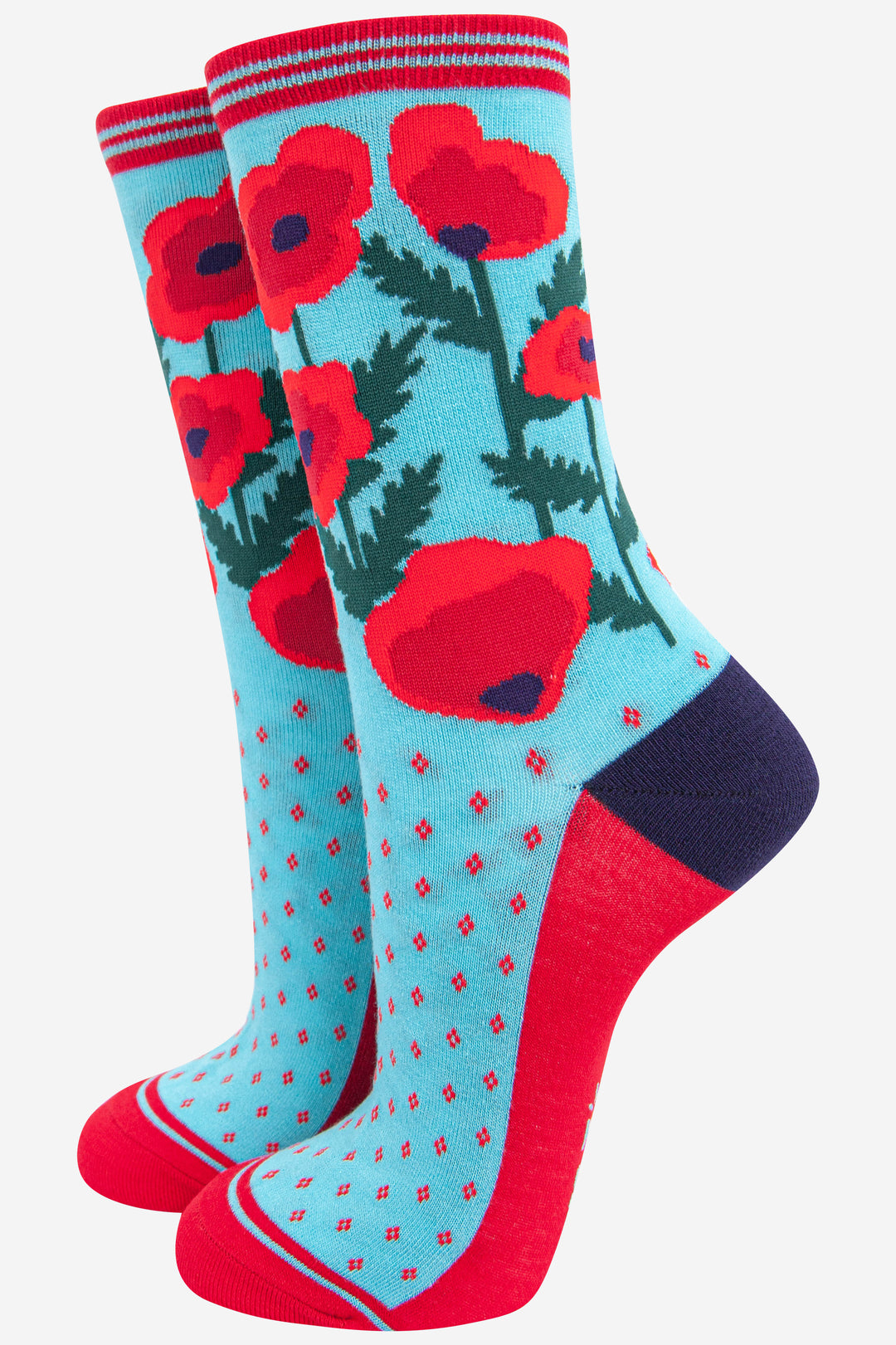 blue and red ankle socks with red poppy flowers on the ankle