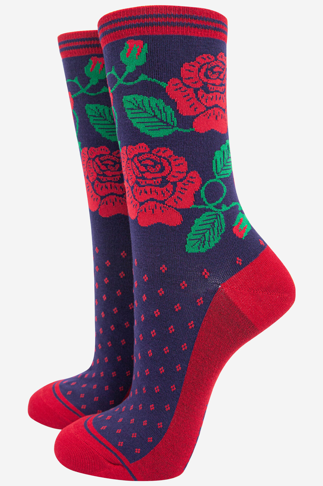 womens bamboo ankle socks in navy blue and red featuring a traditional red english rose pattern