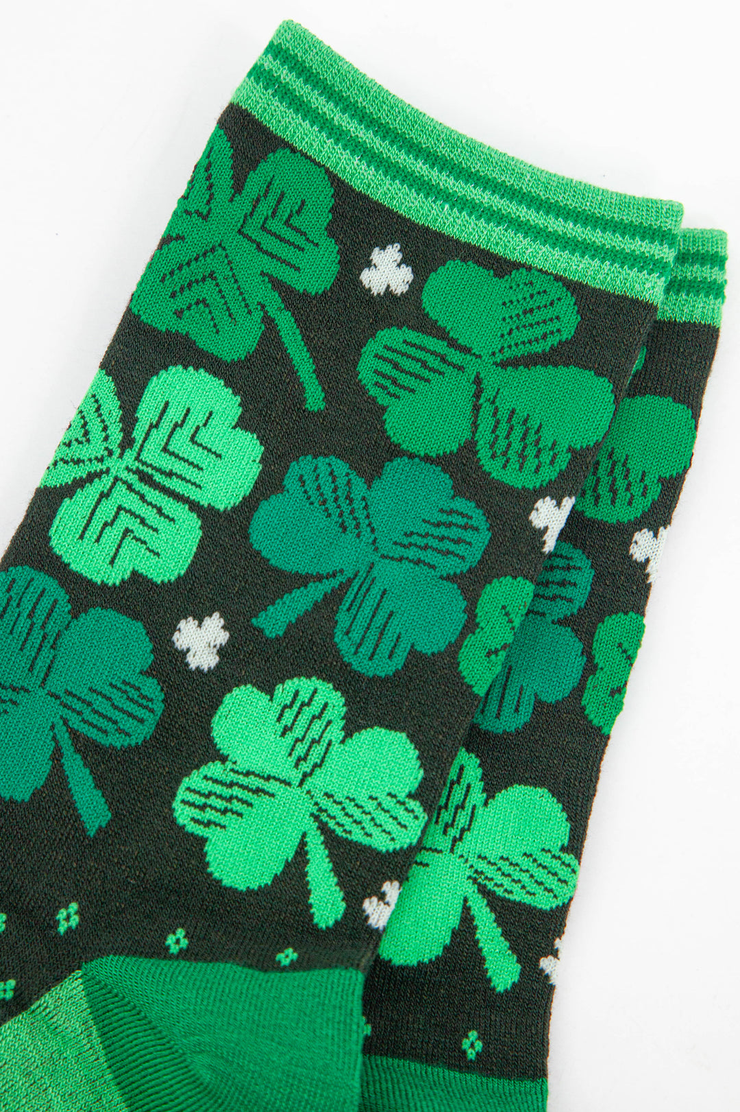 close up of the lucky four leaf clover shamrock socks