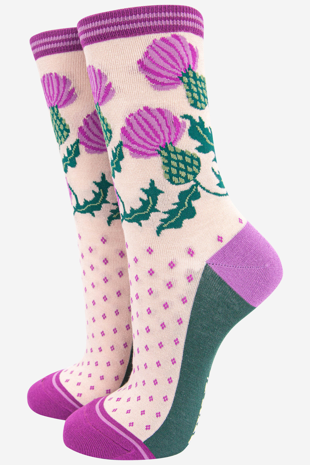 womens bamboo ankle socks featuring a scottish thistle flowal pattern on the ankle