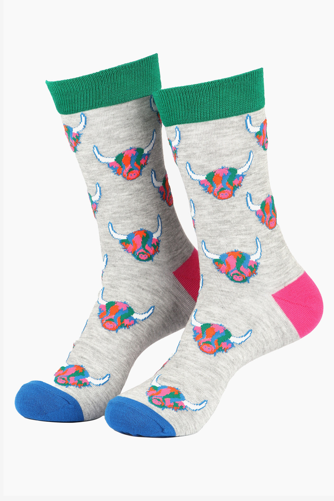 mens grey dress socks with an all over pattern of multicoloured highland cow faces