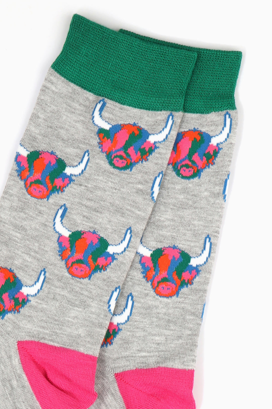 mens grey bamboo socks with green cuff and pink heel with an all over pattern of rainbow coloured highland cow faces