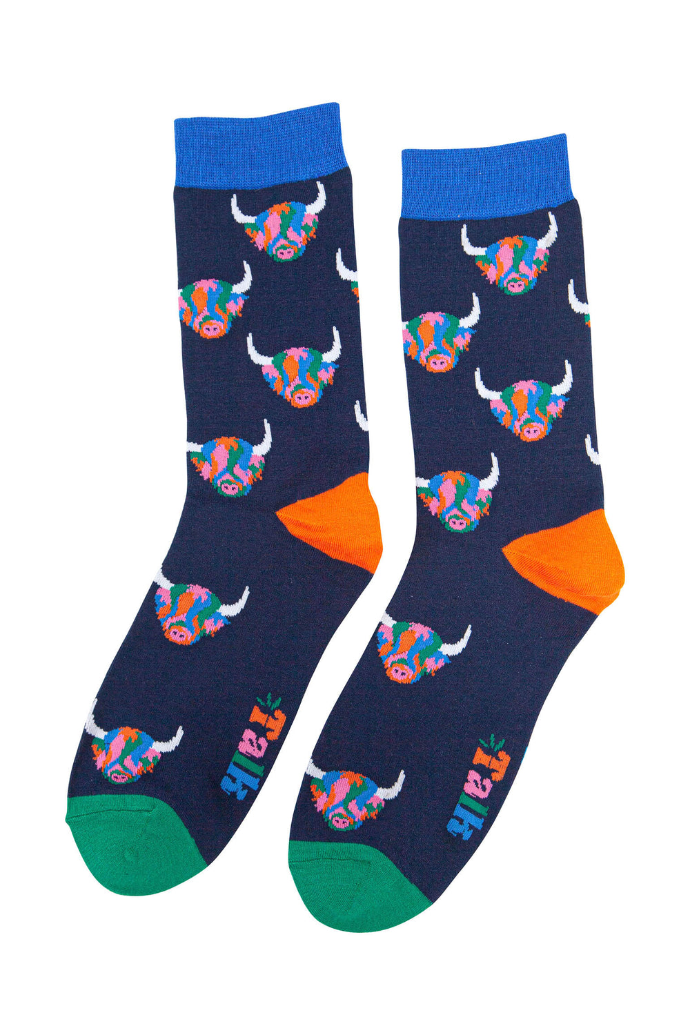 navy blue socks with light blue cuff, orange heel and green toe with an all over rainbow highland cow pattern