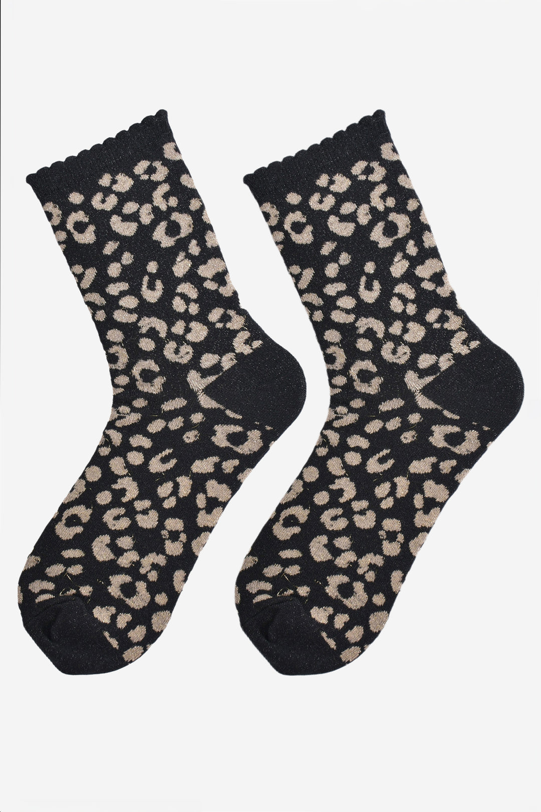 showing the gold and black leopard print ankle socks laying flat, the all over silver sparkle is visible