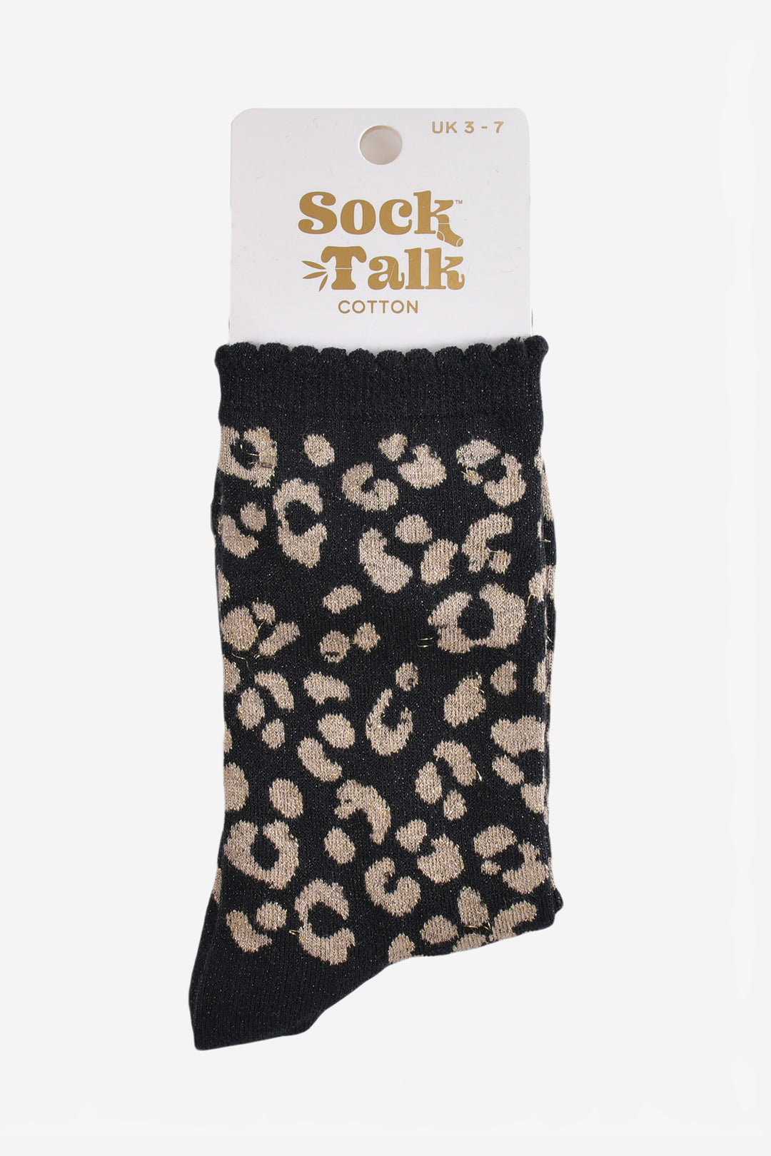 black and gold leopard print glitter socks in their sock talk packaging, these socks are a uk size 3-7