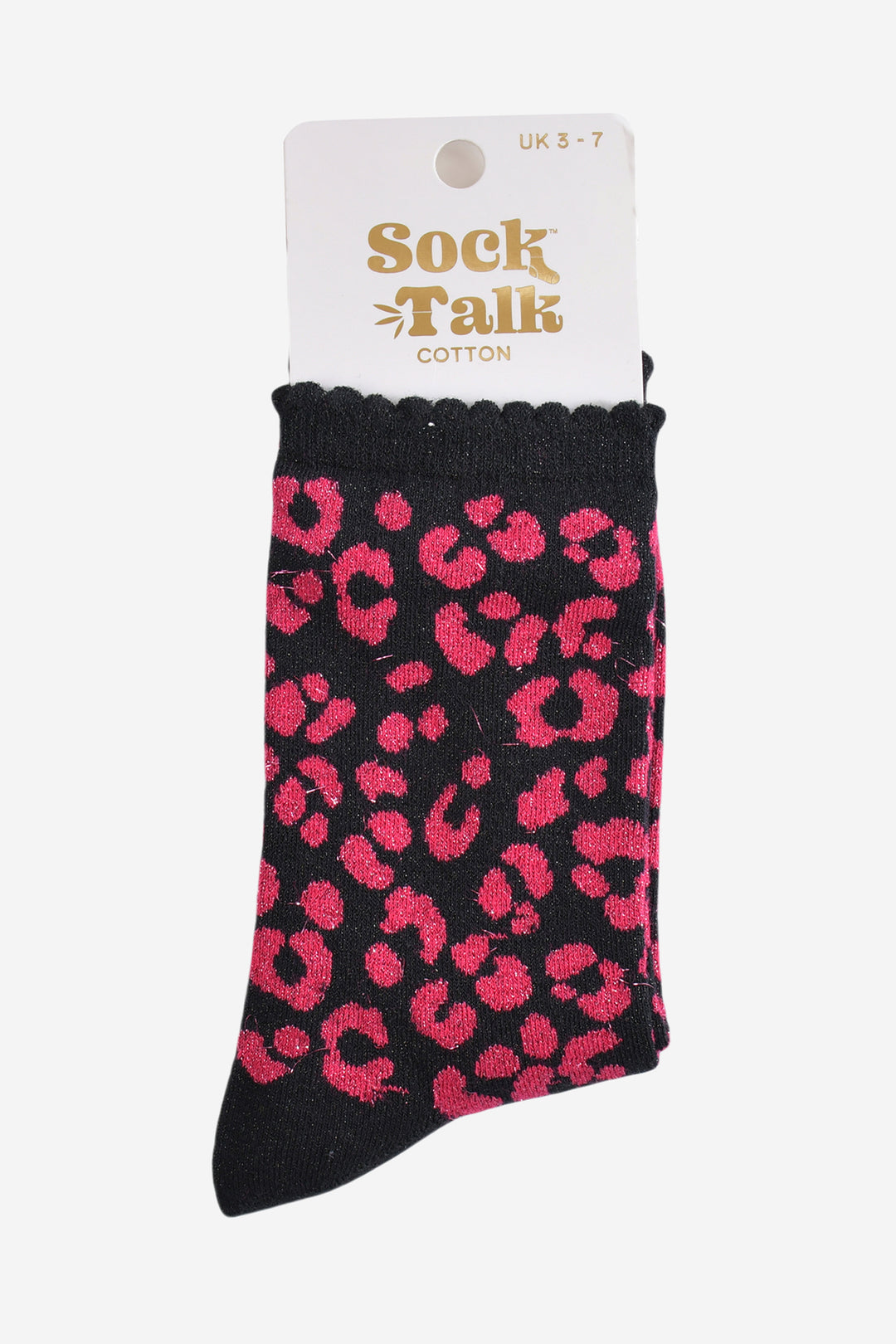 black and pink leopard print glitter socks in their sock talk packaging, these socks are a uk size 3-7