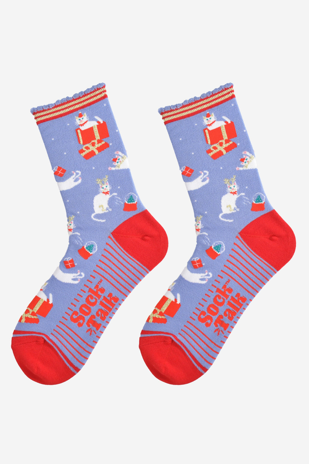 Women's Bamboo Ankle Socks Christmas Cracker Gift Box - Blue/Red, Christmas Cats