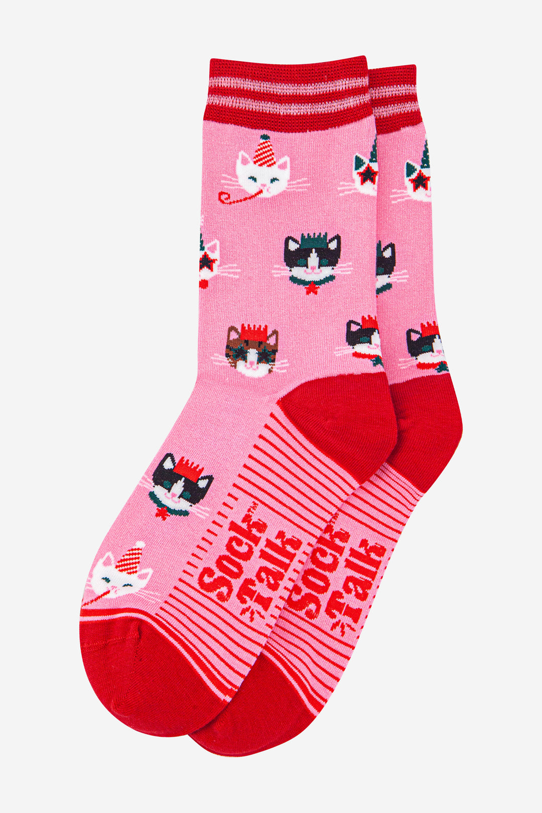 womens-bamboo-socks-hot-pink-red-party-cats-laying-flat