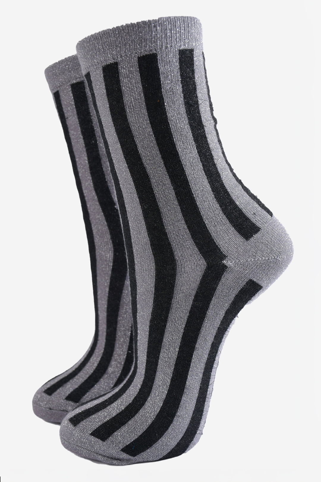 grey and black vertical striped glitter ankle socks