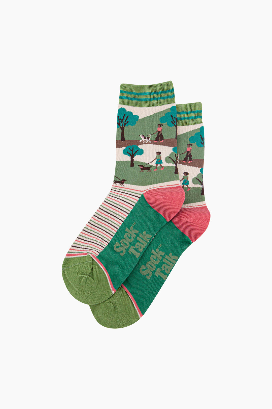Dog-Walking-Bamboo-Socks-in-Green/Pink-Laid-Flat