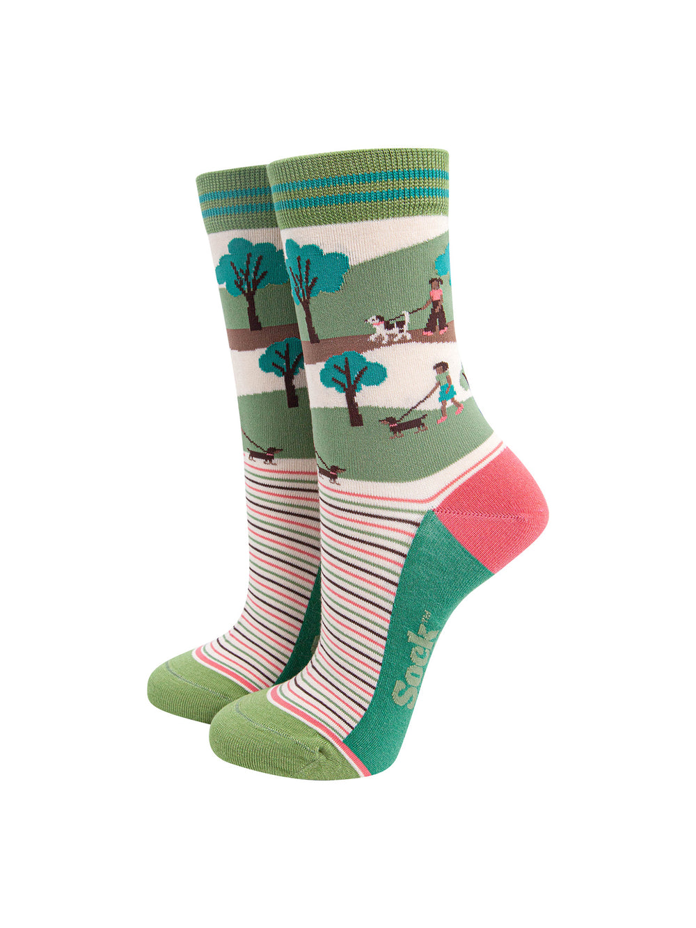 Dog-Walking-Bamboo-Socks-in-Green/Pink-mannequin