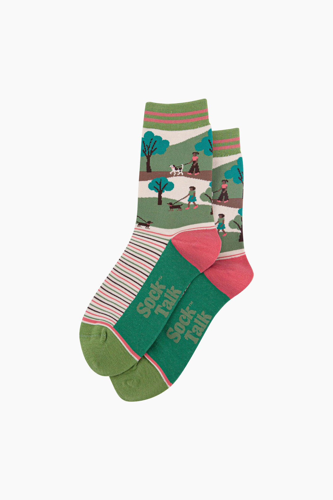 Dog-Walking-Bamboo-Socks-in-Green/Pink-flat-lay