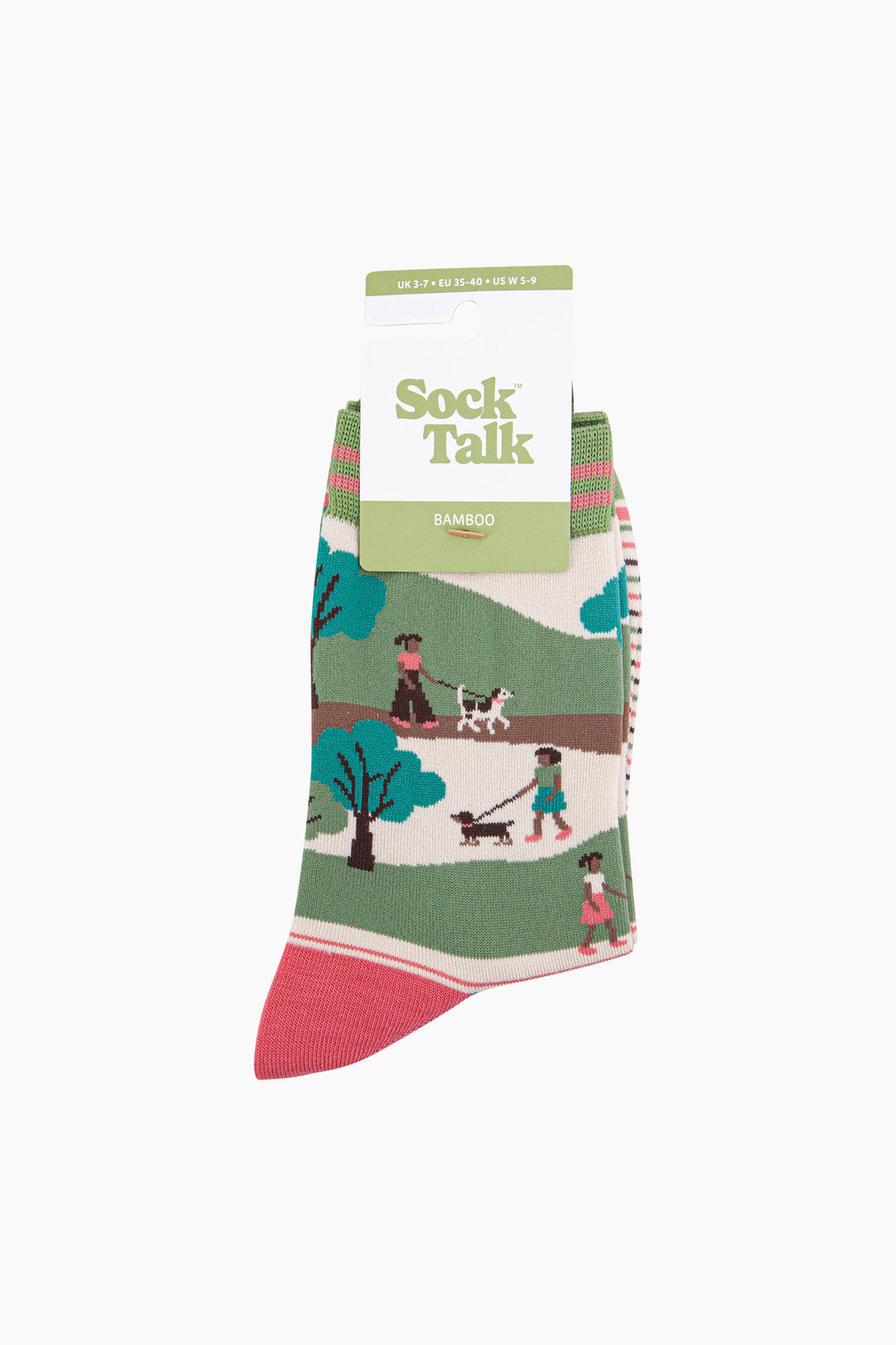 Dog-Walking-Bamboo-Socks-in-Green/Pink-in-packaging