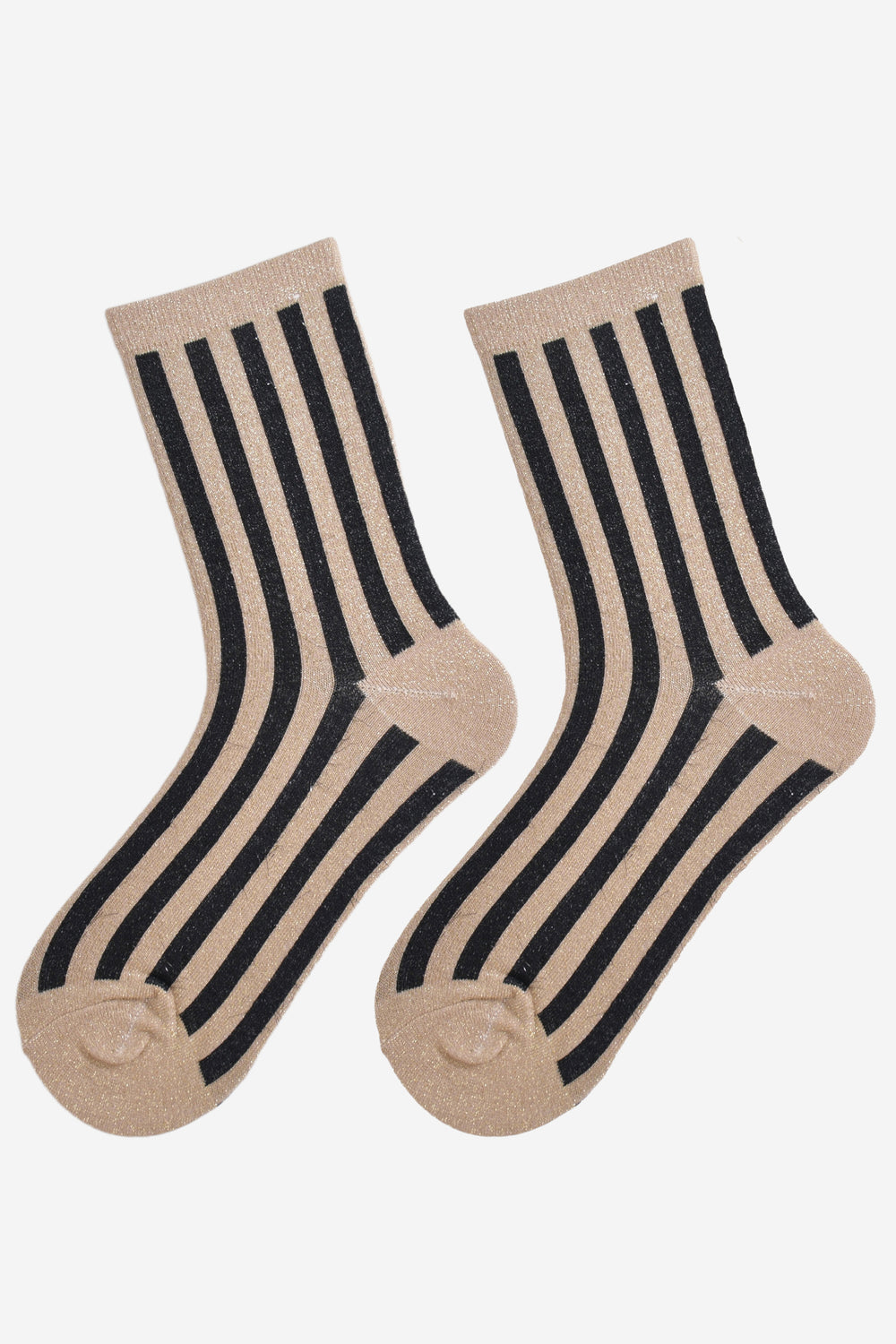 showing the gold and black striped glitter socks laying flat, showing the all over silver glitter sparkle