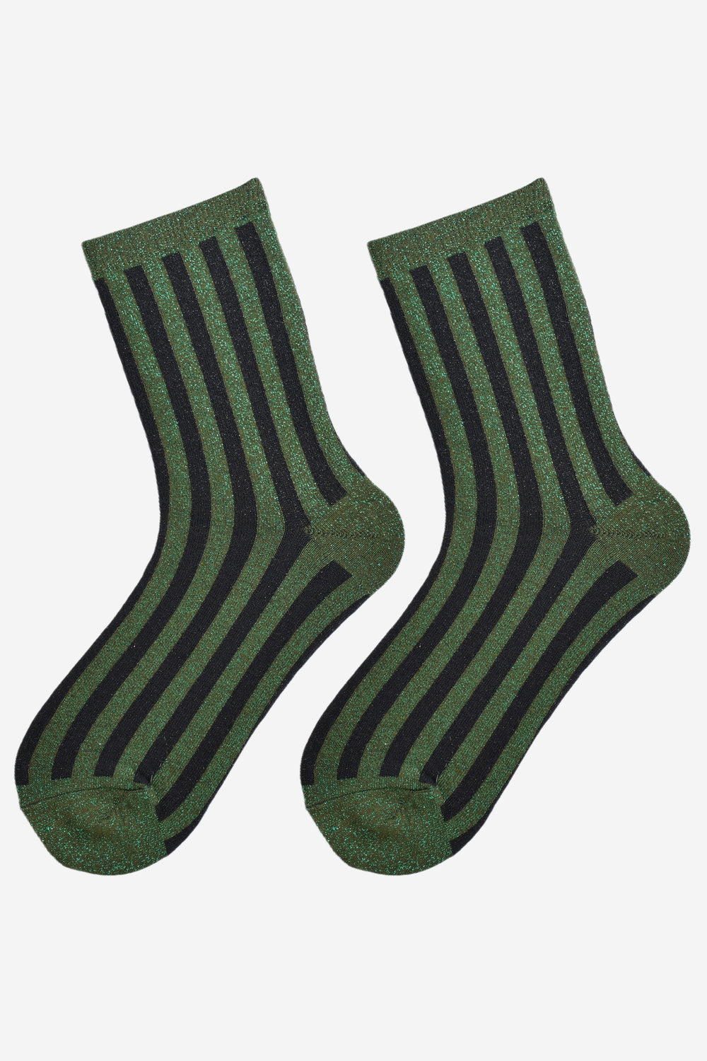 showing the khaki green and black striped glitter socks laying flat, showing the all over silver glitter sparkle