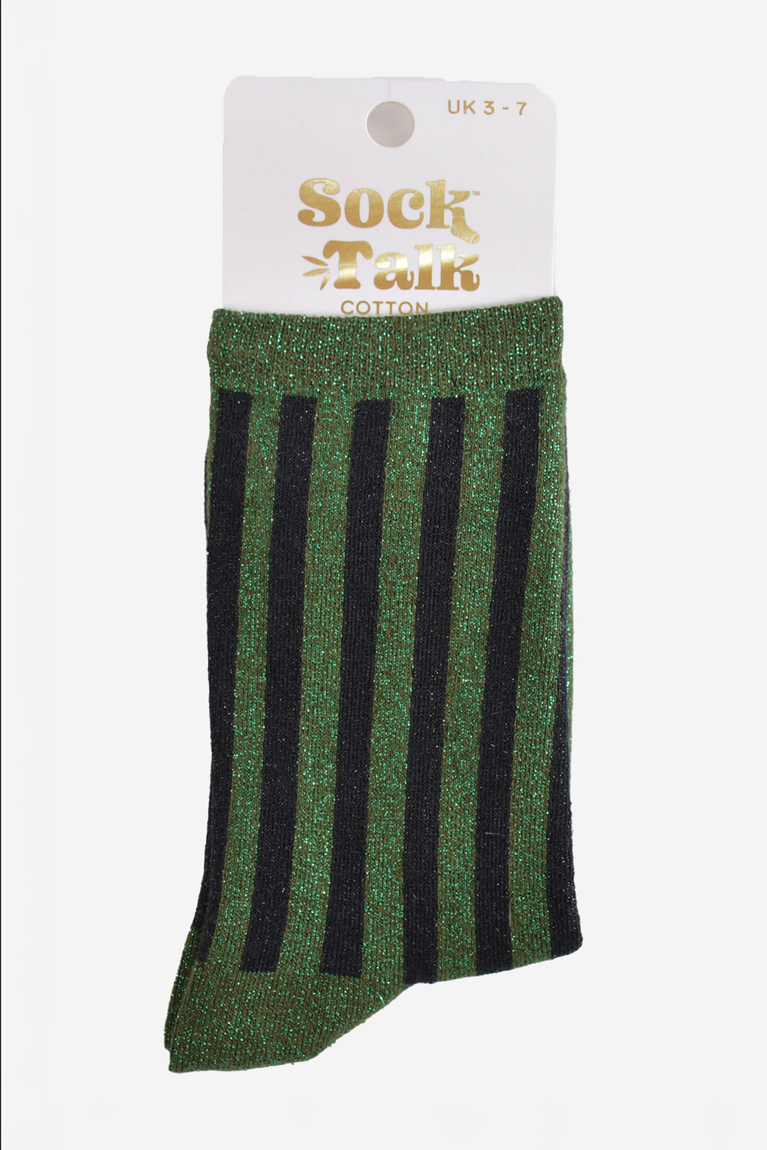 khaki green and black vertical striped glitter socks in their sock talk packaging, these socks are a uk size 3-7