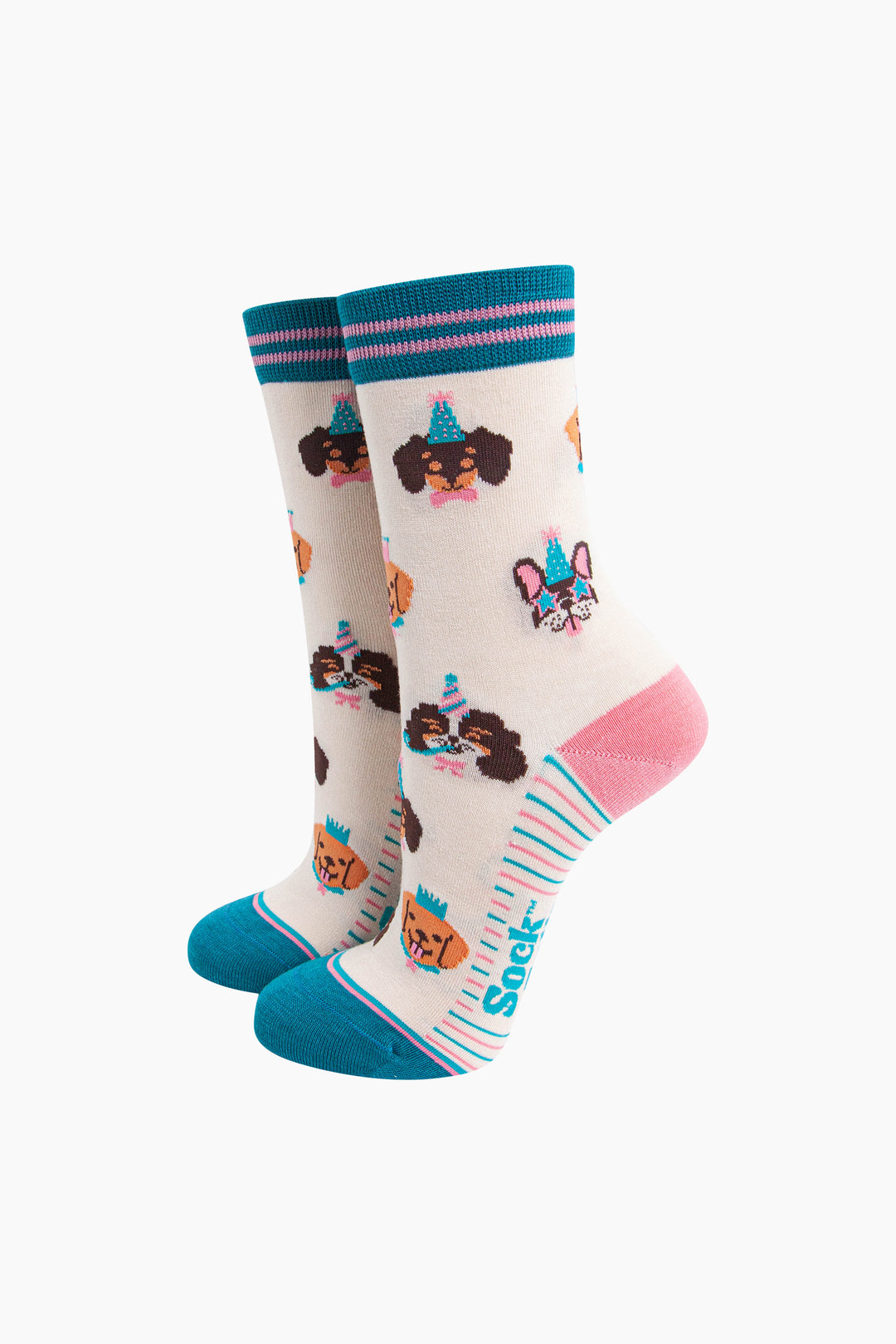 Party-Dogs-Bamboo-Socks-in-Cream-On-Foot-Mannequin