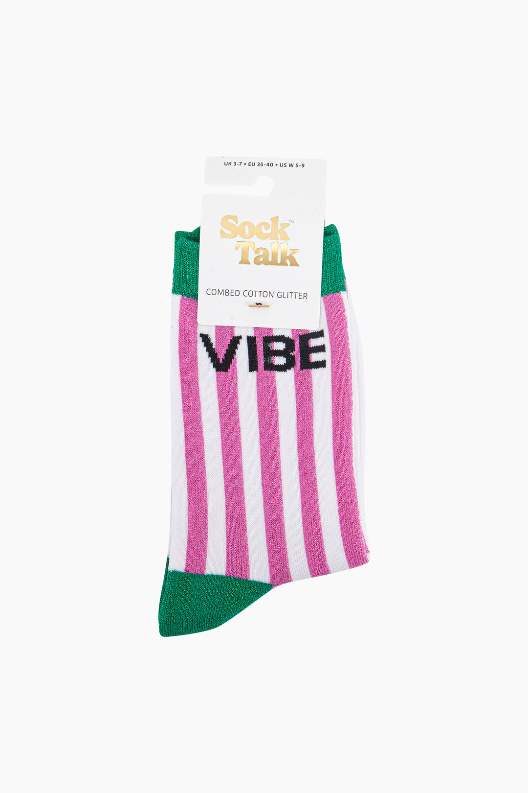 Vibe-Combed-Cotton-Glitter-Socks-in-Green-mannequin-flat-lay-in-packaging