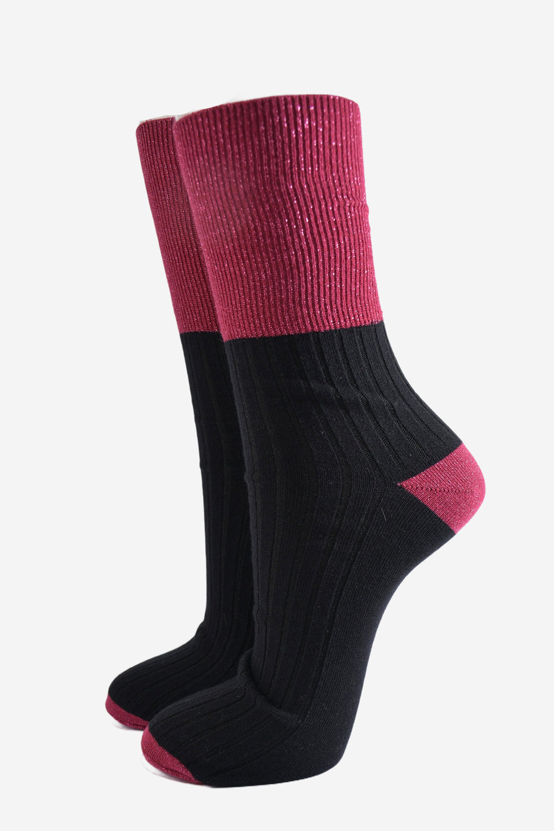 black ribbed cotton socks with berry pink sparkly cuffs which can be folded over. 