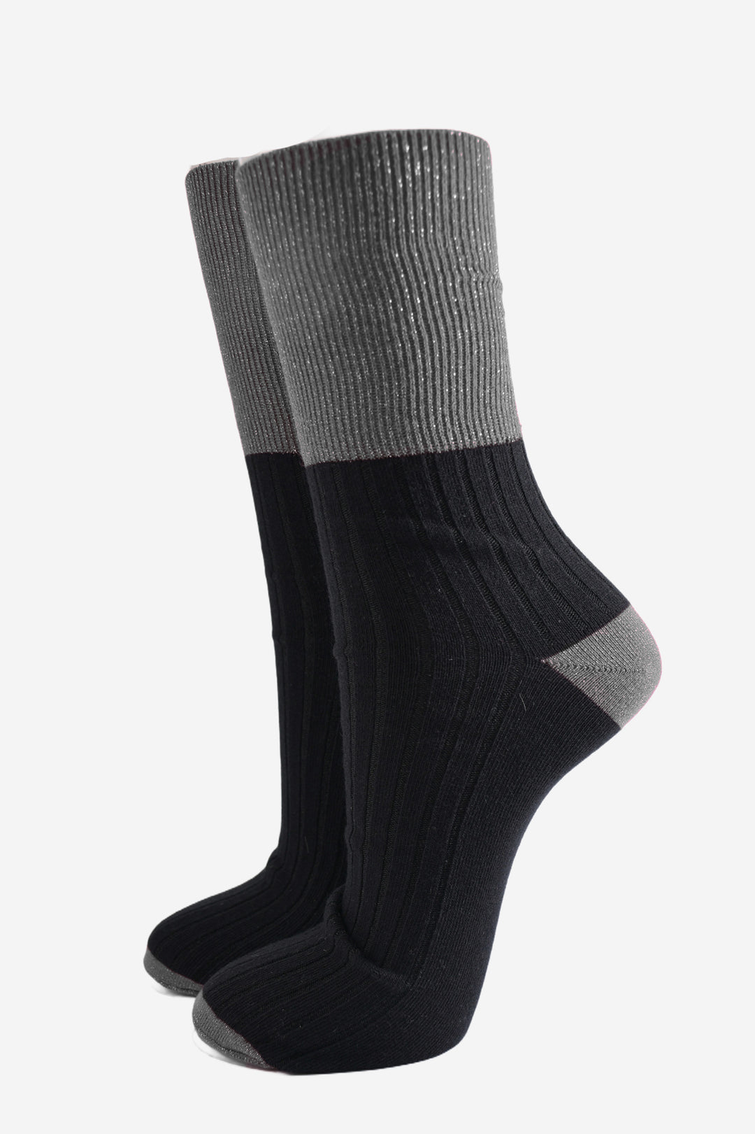 black cotton socks with contrasting grey glitter cuff, heel and toe