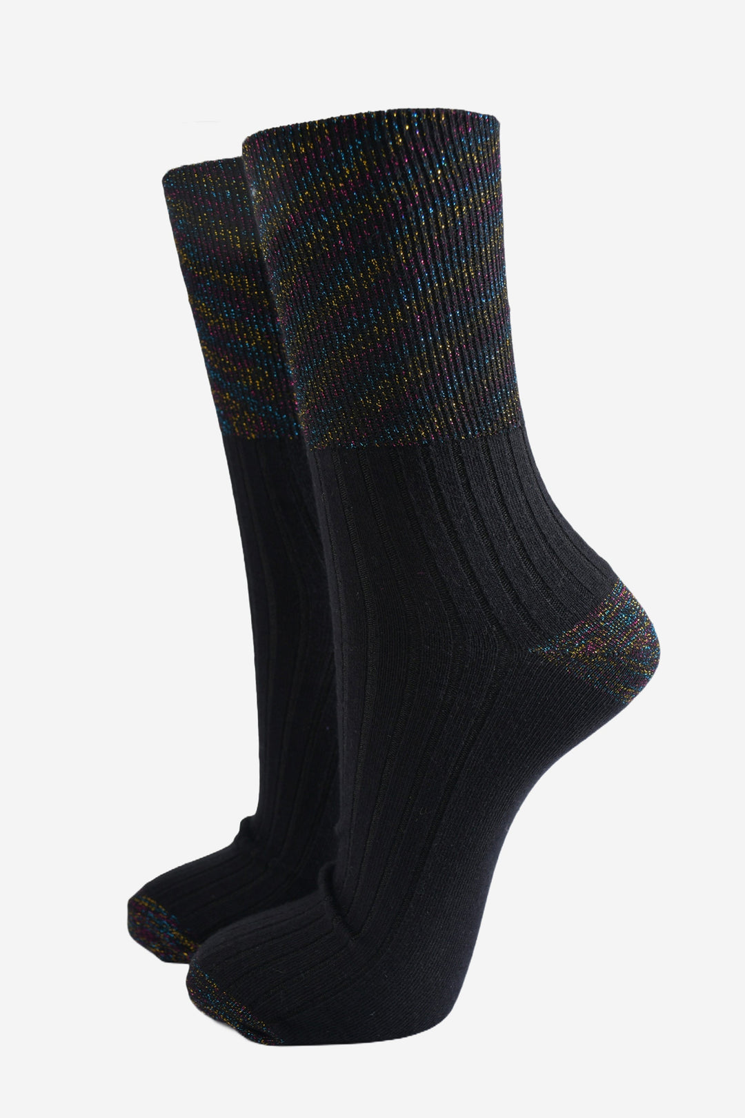 black ribbed cotton ankle socks with a black rainbow glitter heel, toe and cuff, the cuff is designed to be folded over so the sock can be worn at various heights