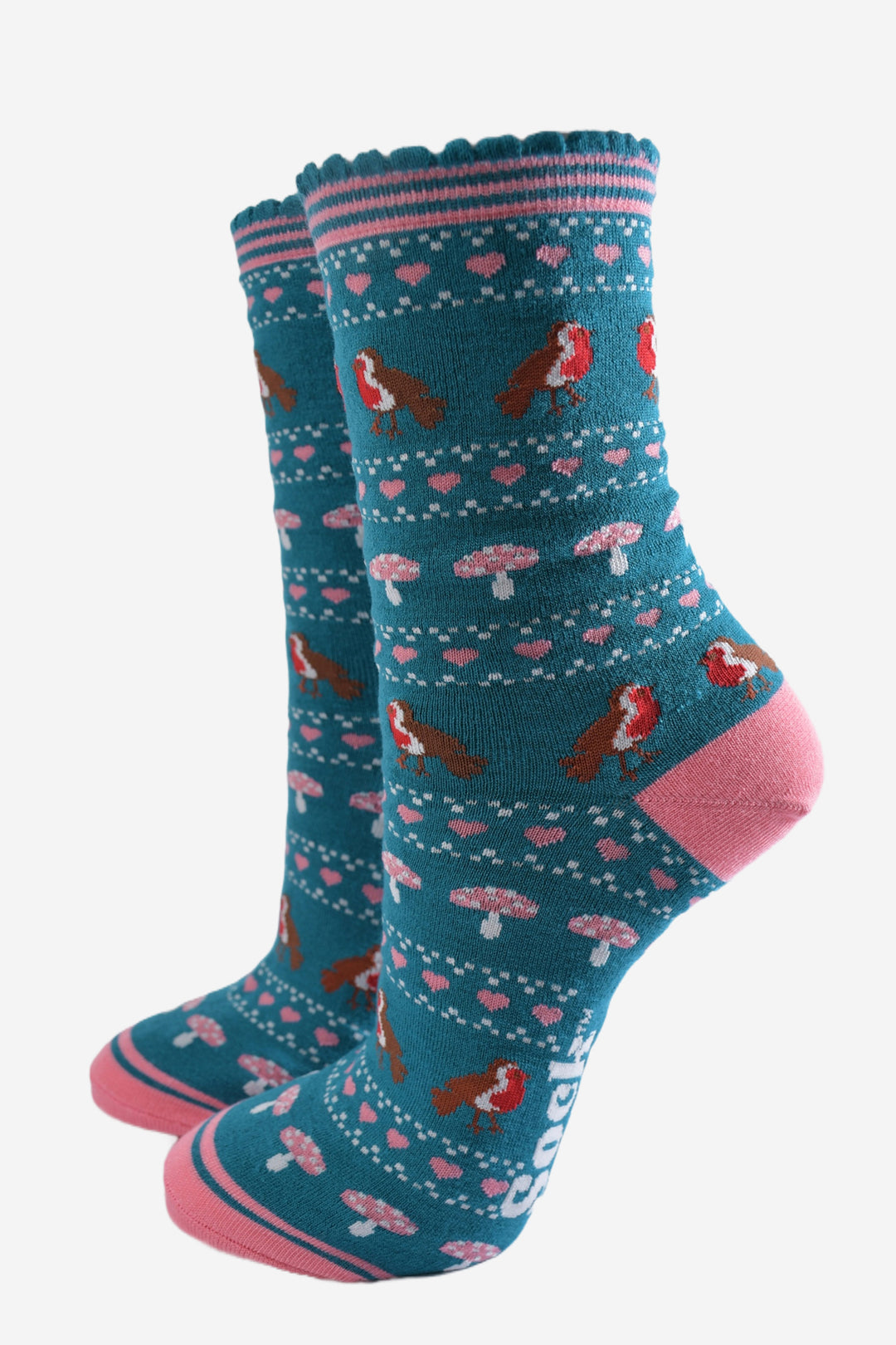 teal blue bamboo socks with a fair isle style pattern featuring red robin birds, pink toad stools and pink love hearts