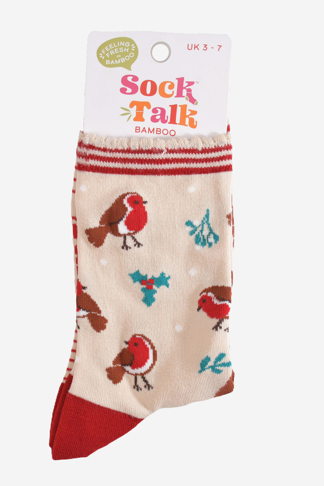 christmas robin bamboo socks in their sock talk packaging, these socks are a uk size 3-7