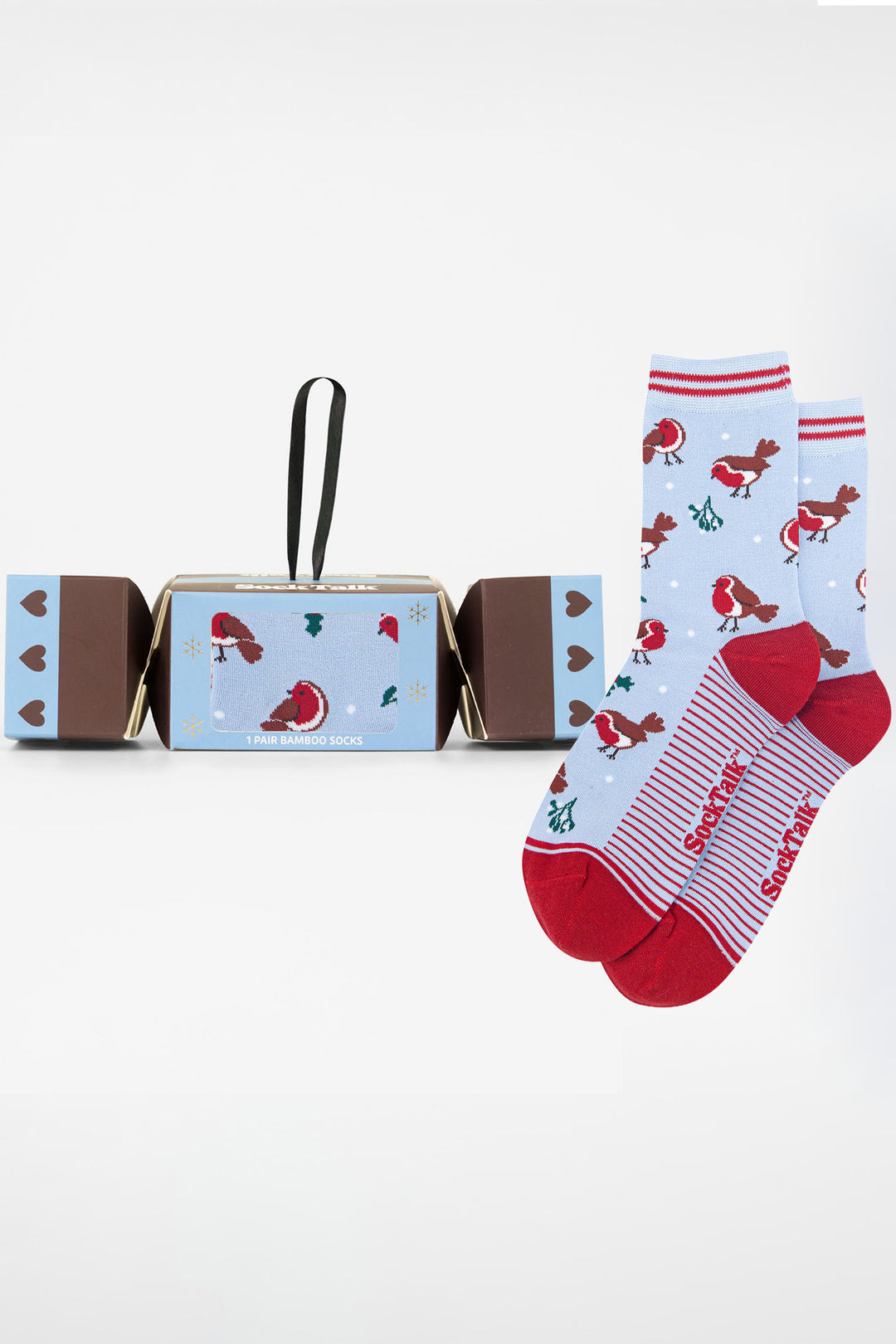 Festive-Robin-Bamboo-Crew-Socks-Christmas-Cracker-Gift-Box-in-Light-Blue/Red