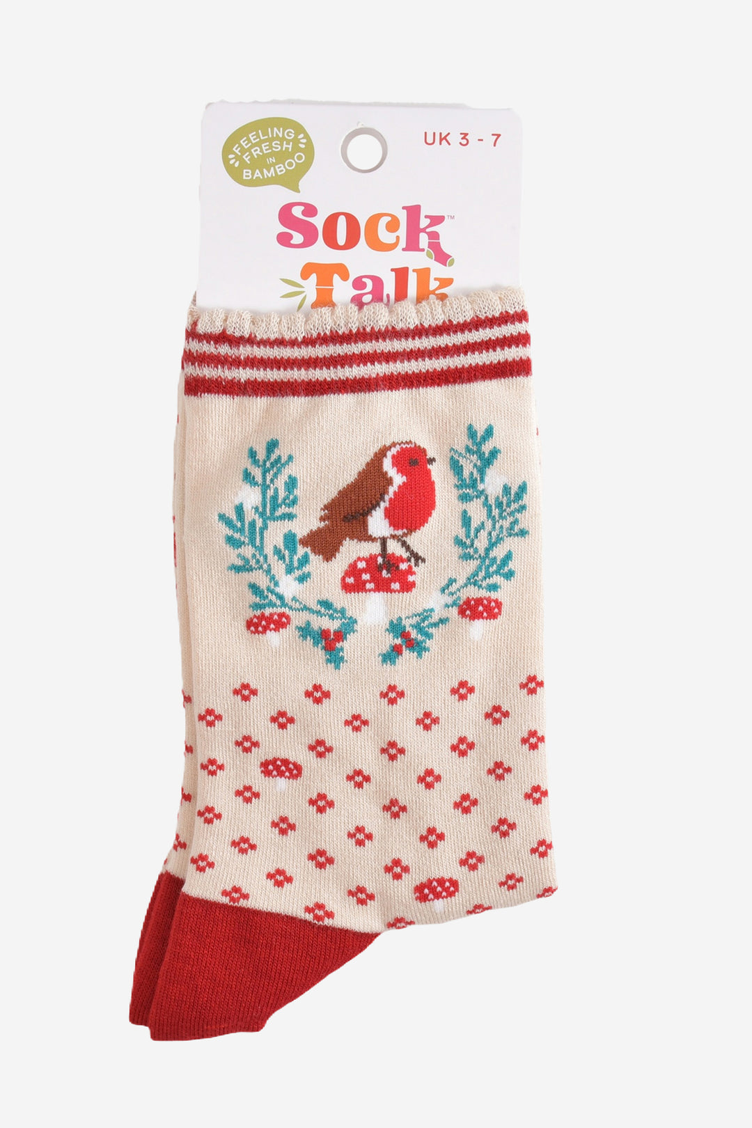 christmas robin wreath bamboo socks in their sock talk packaging, these socks are a uk size 3-7