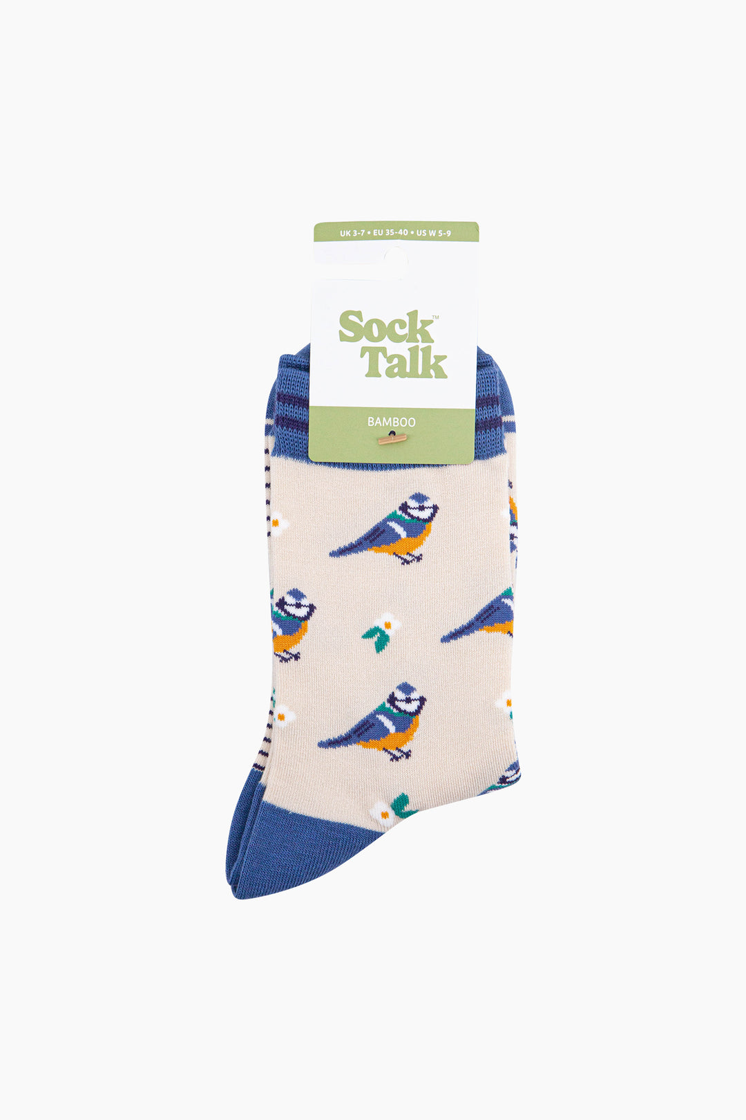 Blue-Tits-Floral-Bamboo-Socks-in-Cream-In-Packaging