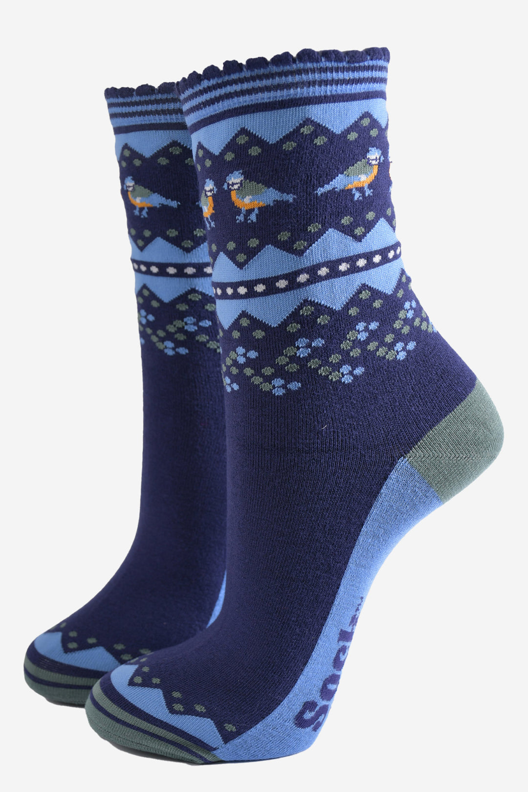 navy blue socks with a fair isle style pattern including blue tit garden birds