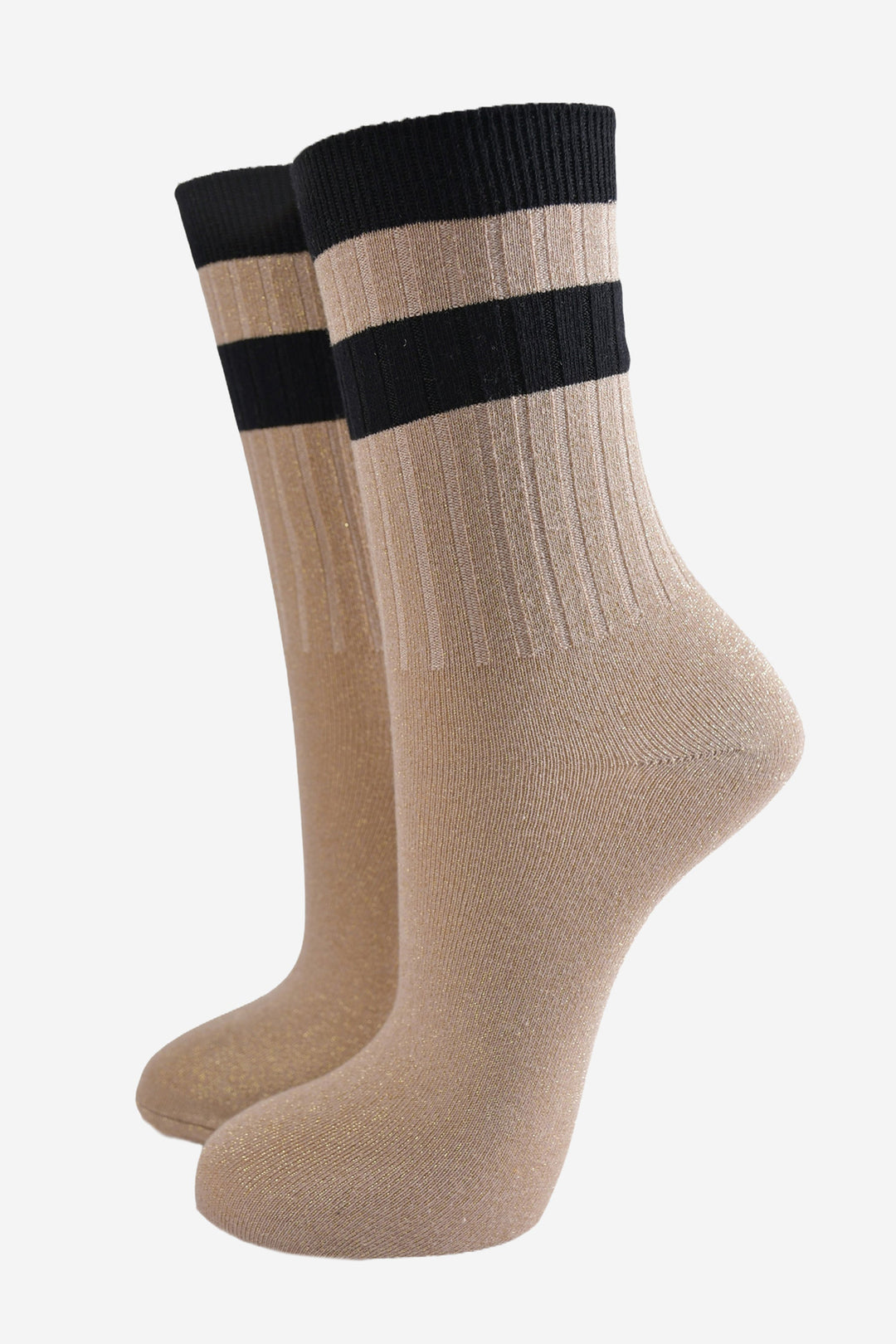 gold glitter sparkly ankle socks with ribbed cuffs and two sports style horizontal stripes on the cuff