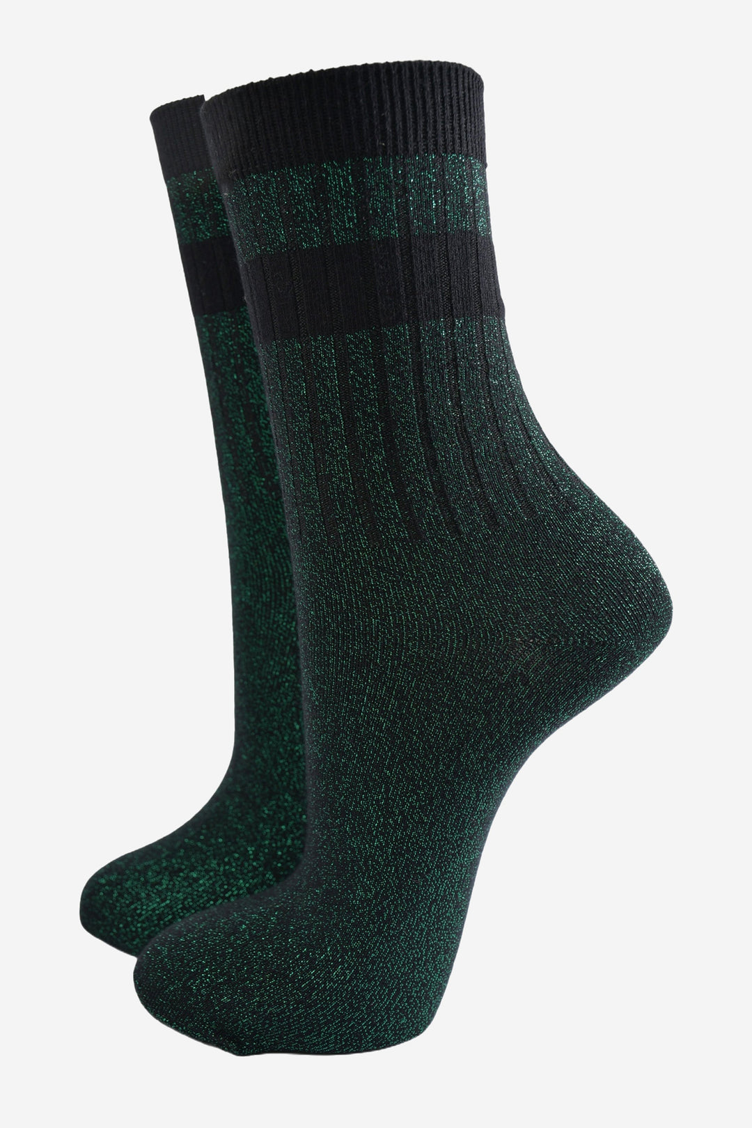 green glitter sparkly ankle socks with ribbed cuffs and two sports style horizontal stripes on the cuff