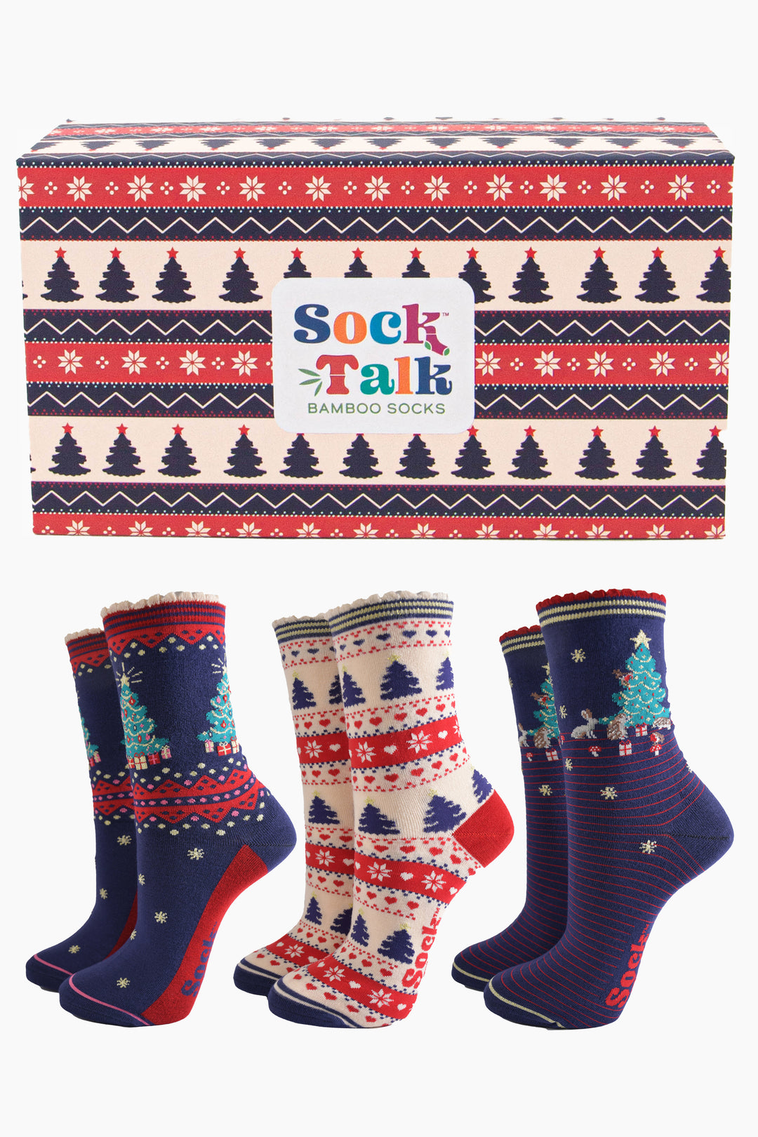 three pairs of christmas tree bamboo socks in an artistically designed fair isle inspired christmas tree gift box, the socks are a combination of navy blue, cream and red colours.