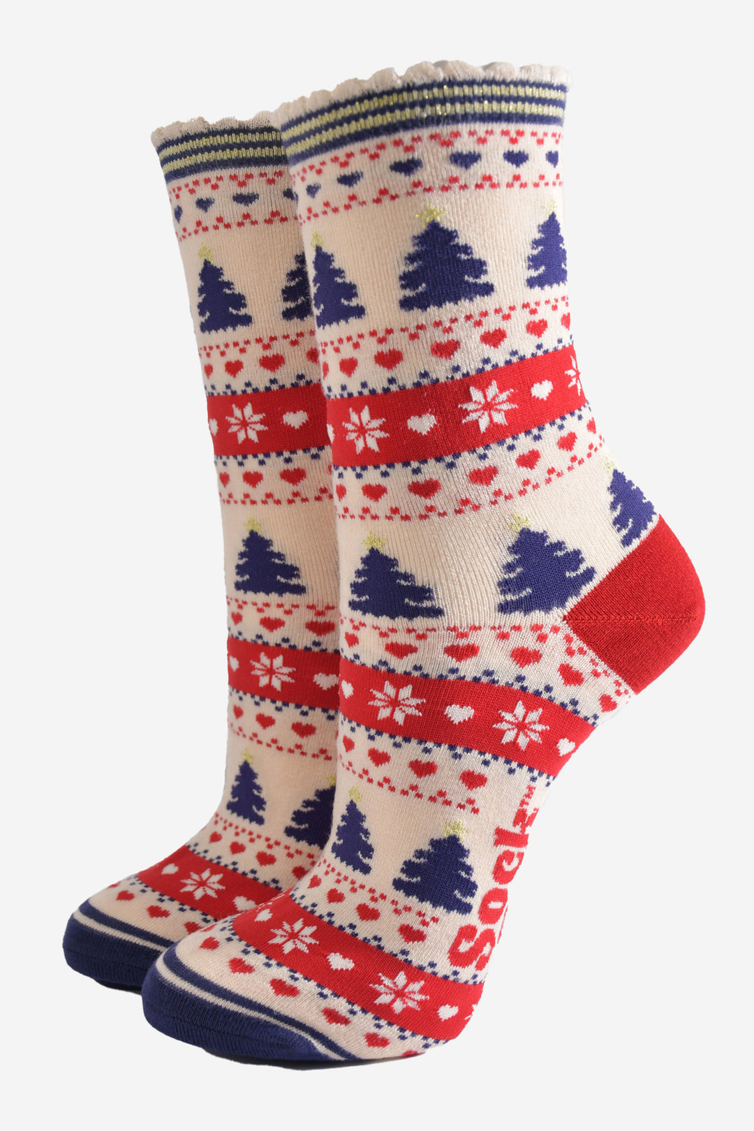 red, cream and navy blue fair isle style bamboo socks featuring xmas trees, snowflakes and love hearts