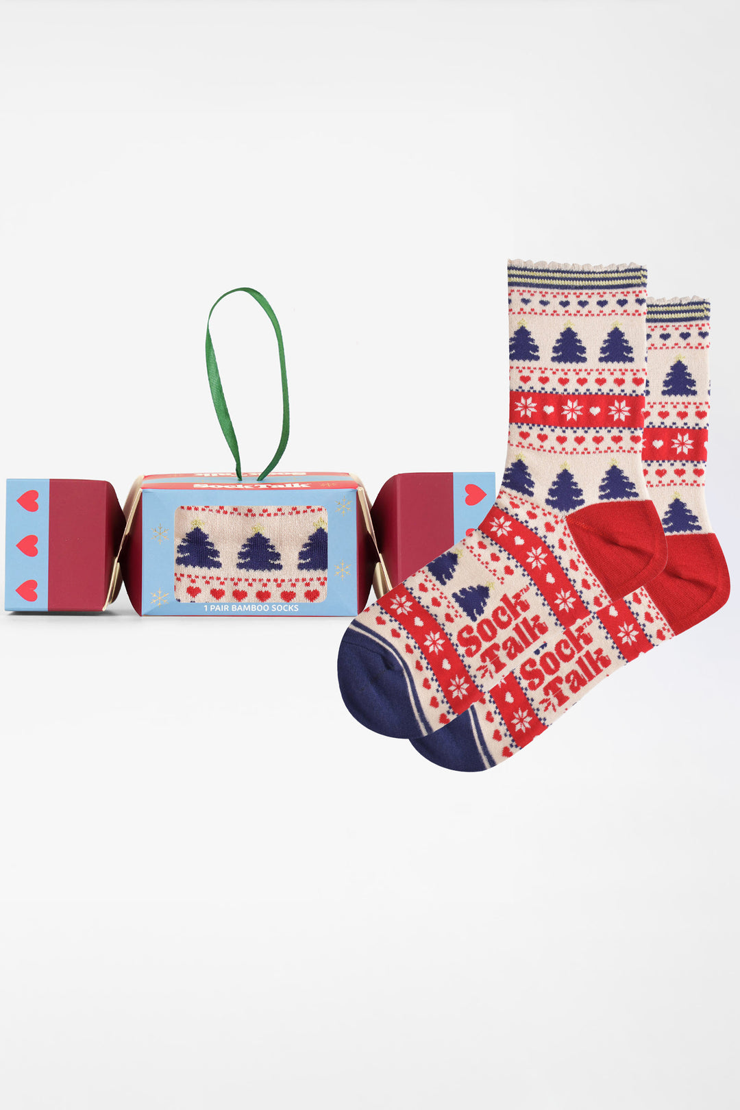 Christmas-Tree-Fair-Isle-Bamboo-Crew-Socks-Christmas-Cracker-Gift-Box-in-Cream/Red