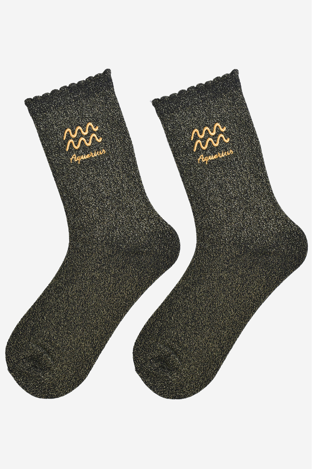 black and gold glitter embroidered aquarius socks laying flat, showing the all over gold glitter sparkle