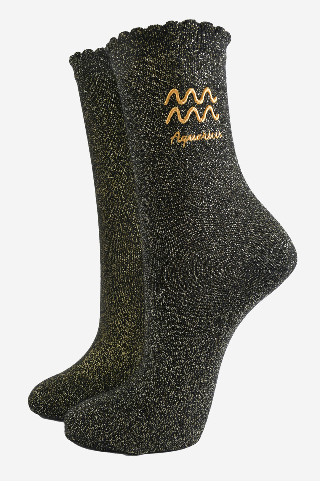 black and gold sparkly ankle socks with a scalloped cuff and an gold embroidered aquarius zodiac symbol and name